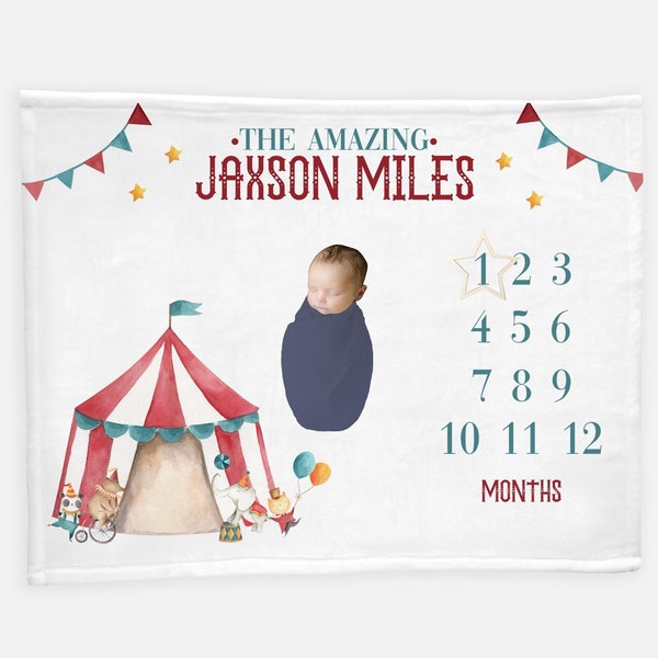 Circus Baby Milestone Blanket, Personalized Baby Blanket, Monthly Baby Blanket, Baby Boy Blanket, Circus Animal Blanket, Circus Nursery B58