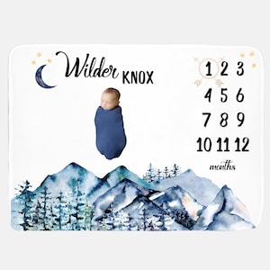 Mountains Baby Milestone Blanket, Mountains Moon Milestone Blanket, Personalized Baby Blanket, Month Baby Blanket, Adventure Boy Blanket M2