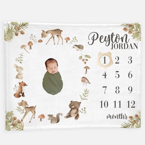 Manta de bebé con hitos de bosque, manta de bebé personalizada, manta de bebé, manta de género neutro W2