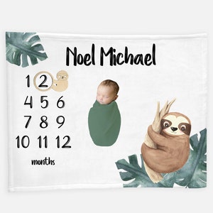 Sloth Baby Milestone Blanket, Boy Milestone Blanket, Personalized Baby Blanket, Month Baby Blanket, Baby Boy Blanket, Boy Sloth Blanket S33