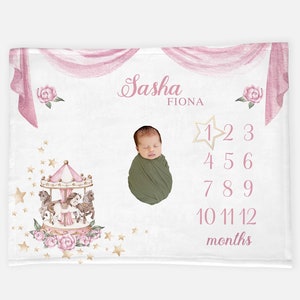 Carousel Baby Milestone Blanket, Personalized Baby Blanket, Monthly Baby Blanket, Baby Girl Blanket, Carousel Baby Blanket, Girl Nursery G30