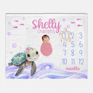 Girl Turtle Milestone Blanket, Turtle Baby Blanket, Baby Girl Turtle, Personalized Baby Blanket, Ocean Life Nursery, Marine Life Nursery O33