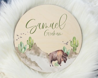 Bison Round Wood Name Sign, Buffalo Cactus Baby Sign, Round Wood Baby Name Sign, Baby Announcement Sign, Buffalo Bison Boy Nursery Decor M12