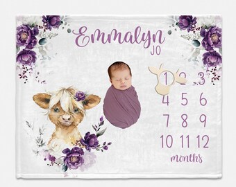 Highland Cow Milestone Blanket, Purple Girl Cow Milestone Blanket, Month Baby Blanket, Highland Cow Baby Blanket, Highland Cow Nursery C46