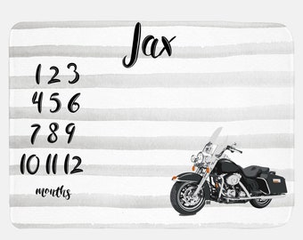 Motorcycle Baby Milestone Blanket, Motorcycle Milestone Blanket, Motorcycle Hog Baby Blanket, Personalized Baby Blankie, Monthly Tracker B14