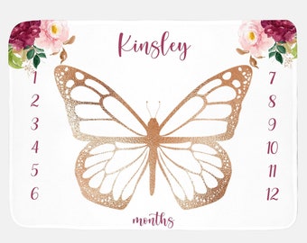 Personalized Baby Blankie Butterfly Baby Milestone Blanket Pink and Gold Butterfly Baby Blanket Baby Girl Blanket Monthly Baby Blanket