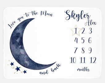 Moon and Stars Baby Milestone Blanket, Luna Blanket, Baby Boy Milestone Blanket, Monthly Baby Blanket, Love You To The Moon and Back T10