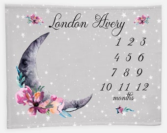 Luna Moon and Stars Baby Milestone Blanket, Celestial Baby Girl Milestone Blanket, Monthly Baby Blanket, Moon and Stars Baby Blanket T14
