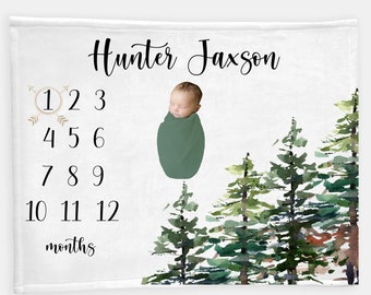 Forest Milestone Blanket, Boy Forest Milestone Blanket, Wilderness Blanket, Personalized Monthly Baby Blanket,  Baby Boy Blanket W10