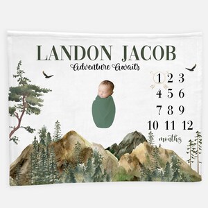 Mountains Baby Milestone Blanket, Adventure Awaits Milestone Blanket, Personalized Baby Blanket, Forest Baby Blanket, Adventure Blanket W8