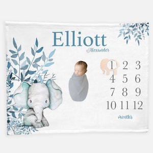 Elephant Baby Boy Milestone Blanket, Safari Milestone Blanket, Baby Boy Blanket, Elephant Baby Boy, Baby Milestone Blanket, Blue Safari S44