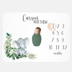 Safari Elephant Baby Boy Milestone Blanket, Month Baby Blanket, Baby Boy Blanket, Elephant Baby Boy, Greenery Elephant Blanket, Baby Boy S6