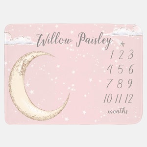 Moon and Stars Baby Milestone Blanket, Luna Blanket, Celestial Baby Girl Milestone Blanket, Monthly Baby Blanket, Moon and Stars  Blanket