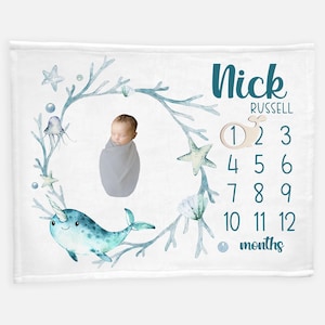 Narwhal Milestone Blanket, Under The Sea Milestone Blanket, Baby Boy Nautical, Month Baby Blanket, Narwhal Baby Blanket O28