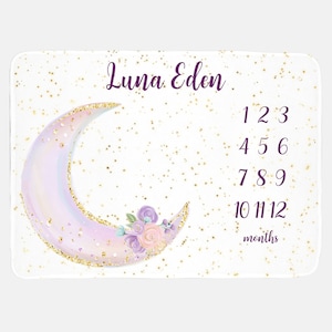 Luna Moon and Stars Baby Milestone Blanket, Celestial Baby Girl Milestone Blanket, Monthly Baby Blanket, Moon and Stars Baby Blanket T8