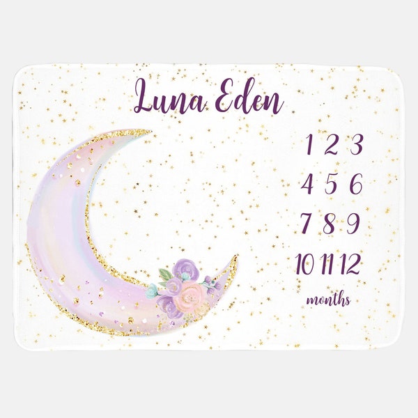 Luna Moon and Stars Baby Milestone Blanket, Celestial Baby Girl Milestone Blanket, Monthly Baby Blanket, Moon and Stars Baby Blanket T8