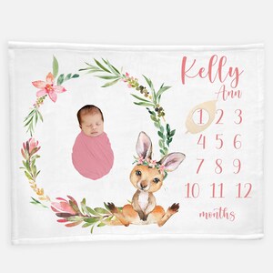 Kangaroo Baby Milestone Blanket, Girl Milestone Blanket, Personalized Baby Blanket, Month Baby Blanket, Baby Girl Blanket, Girl Kangaroo S43