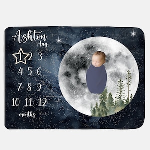 Moon Forest Baby Milestone Blanket, Luna Blanket, Celestial Baby Boy Milestone Blanket, Monthly Baby Blanket, Moon and Stars Baby Blanket T6