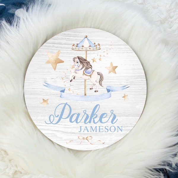 Round Wood Name Sign, Wood Baby Name Sign, Carousel Baby Name Sign, Blue Carousel Name Sign, Baby Announcement Sign, Carousel Decor B31
