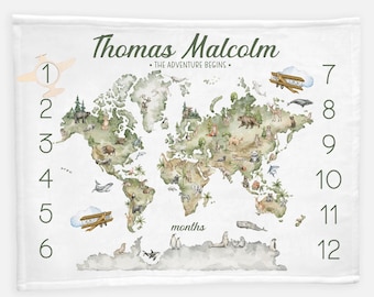 World Map Animal Baby Milestone Blanket, Adventure Awaits Blanket, Monthly Baby Blanket, World Milestone Blanket, The Adventure Begins S36