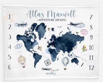 World Map Baby Milestone Blanket, Adventure Awaits Blanket, Monthly Baby Blanket, World Milestone Blanket, Passport Adventure, Travel Baby