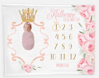 Princess Crown Milestone Blanket, Princess Girl Baby Milestone Blanket, Personalized Monthly Blanket, Baby Girl Blanket, Princess Blanket G1
