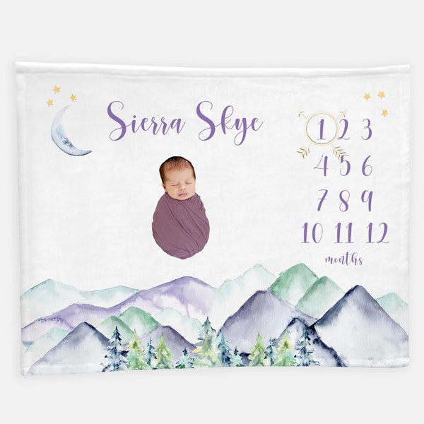 Girl Mountains Baby Milestone Blanket, Mountains Moon Milestone Blanket, Personalized Baby Blanket, Monthly Blanket, Adventure Baby Girl M11