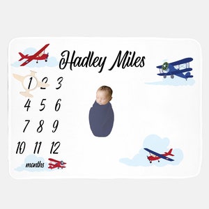 Airplane Baby Milestone Blanket, Planes and Clouds Milestone Boy Blanket, Personalized Baby Blanket, Monthly Baby Blanket, Baby Blanket T50