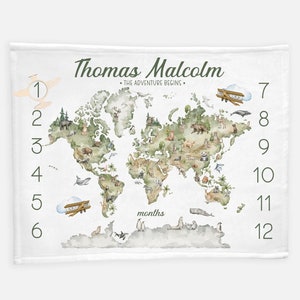 World Map Animal Baby Milestone Blanket, Adventure Awaits Blanket, Monthly Baby Blanket, World Milestone Blanket, The Adventure Begins S36