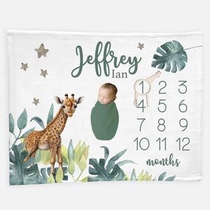 Safari Giraffe Boy Milestone Blanket, Personalized Baby Blanket, Monthly Baby Blanket, Greenery Giraffe Blanket, Eucalyptus Baby Blanket S58