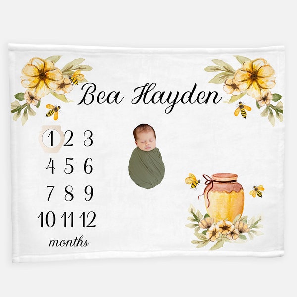 Honey Bee Baby Milestone Blanket, Girl Milestone Blanket, Personalized Baby Blanket, Month Baby Blanket, Baby Girl Blanket, Bumble Bee F46