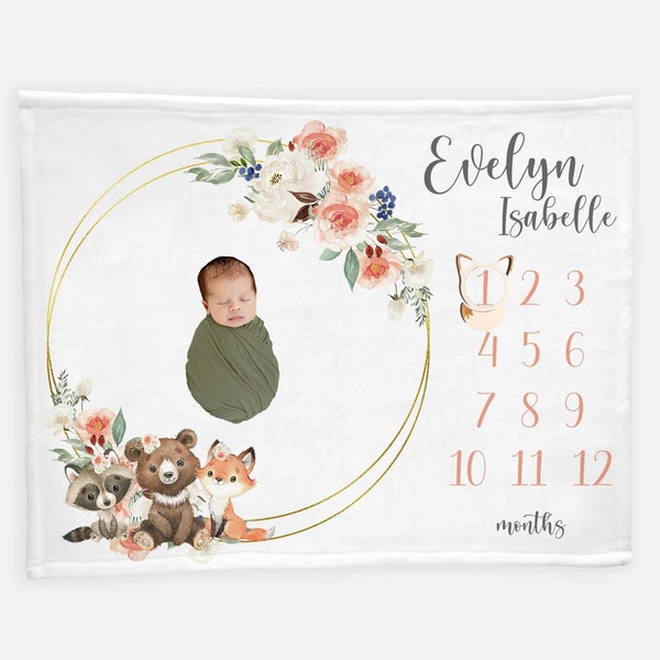 Girl Woodland Milestone Blanket, Fox Bear Raccoon Milestone Blanket, Newborn Woodland Blanket, Woodland Nursery, Blush Peach Floral W5