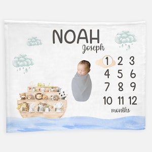 Noah&#39;s Ark Milestone Blanket, Personalized Baby Blanket, Monthly Baby Blanket, Noah&#39;s Ark Nursery Theme, Noah&#39;s Ark Baby Blanket S35