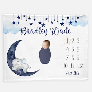 Moon and Stars Baby Milestone Blanket, Milestone Blanket, Luna Elephant Blanket, Celestial Boy Milestone Blanket, Monthly Baby Blanket T9