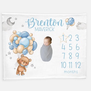 Boy Bear Balloon Baby Milestone Blanket, Milestone Blanket, Bear Baby Blanket, Luna Boy Milestone Blanket, Lullaby Bear Blanket T57