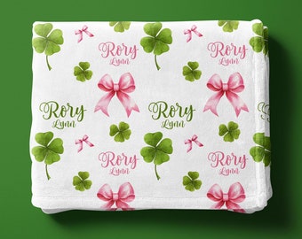 Shamrock Coquette Blanket, St Patrick's Day Coquette Baby Blanket, St Patty's Day Swaddle, Pink Bow and Clover Blanket, Coquette Swaddle