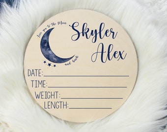 Birth Stat Sign, Round Wood Birth Stat Sign, Moon and Stars Nursery, Love You To The Moon Back, Personalized Birth Stat Sign, Baby Gift T10