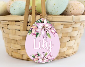 Lily Floral Easter Basket Name Tag, Personalized Name Tag, Wooden Egg Tag, Easter Basket Gift, First Easter Gift, Wood Egg Name Tag F10