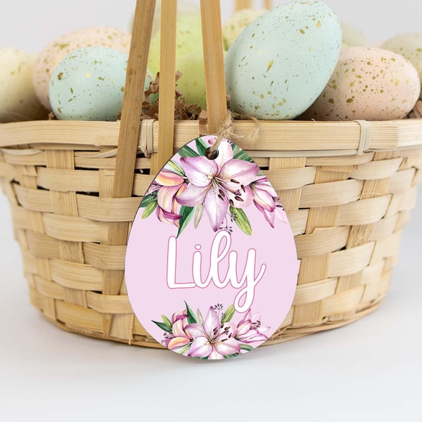 Lily Floral Easter Basket Name Tag, Personalized Name Tag, Wooden Egg Tag, Easter Basket Gift, First Easter Gift, Wood Egg Name Tag F10