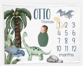 Dinosaur Baby Milestone Blanket, Baby Boy Milestone Blanket, Personalized Baby Blanket, Monthly Baby Blanket, Dinosaur Nursery Theme B50