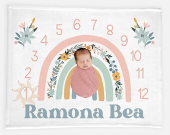 Boho Rainbow Milestone Blanket, Floral Rainbow Baby Milestone Baby Blanket, Baby Shower Gift, Newborn Gift, Rainbow Baby Blanket, Boho T32