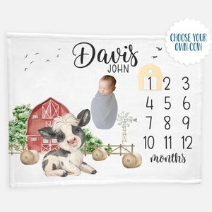 Cow Baby Milestone Blanket, Boy Cow Milestone Blanket, Monthly Baby Blanket, Farm Cow Blanket, Baby Milestone Photo Blanket C39