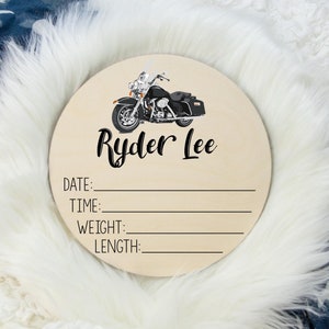 Birth Stat Sign, Round Wood Birth Stat Sign, Motorcycle Birth Stat Sign, Motorcycle Baby Gift,  Personalized Birth Stat Sign, Baby Gift B14