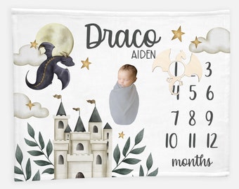 Dragon Baby Milestone Blanket, Baby Boy Milestone Blanket, Personalized Baby Blanket, Monthly Baby Blanket, Dragon Fantasy Nursery Theme B54