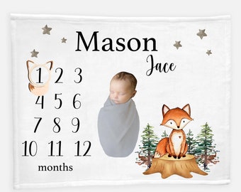 Fox Milestone Blanket, Woodland Milestone Blanket, Baby Fox Blanket, Baby Shower Gift, Newborn Blanket, Watch Me Grow Blanket W3