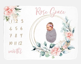 Elegant Rose and Greenery Nursery Baby Milestone Blanket, Eucalyptus Baby Milestone Blanket, Monthly Baby Blanket, Baby Girl Blanket F34