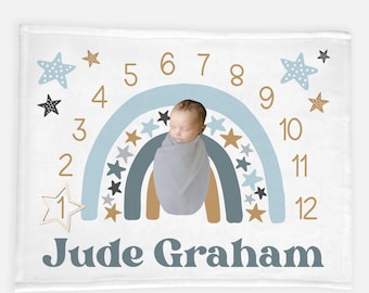 Blue Rainbow Milestone Blanket, Rainbow Baby Milestone Baby Blanket, Baby Shower Gift, Rainbow Stars Baby Blanket, Boy Rainbow T33