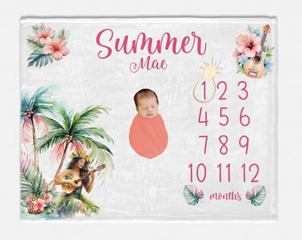 Tropical Milestone Blanket, Beach Monthly Baby Blanket, Palm Tree Blanket, Baby Shower Gift, Newborn Gift, Hula Girl Milestone Blanket