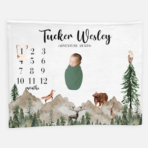 Woodland Mountain Milestone Blanket, Baby Boy Blanket, Bear Deer Fox Blanket, Baby Shower Gift, Newborn Blanket, Forest Nursery Theme W4