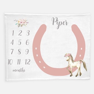 Pony Horseshoe Baby Milestone Blanket, Monthly Baby Blanket, Baby Girl Horse Blanket, Baby Girl Monthly, Baby Milestone Photo Blanket C10